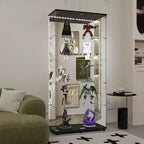 Vitrine en verre trempé/Cave à vin/Meuble de rangement/Classeur avec miroir à bande lumineuse LED et serrure, roulettes pivotantes, 4 étagères, 2 portes