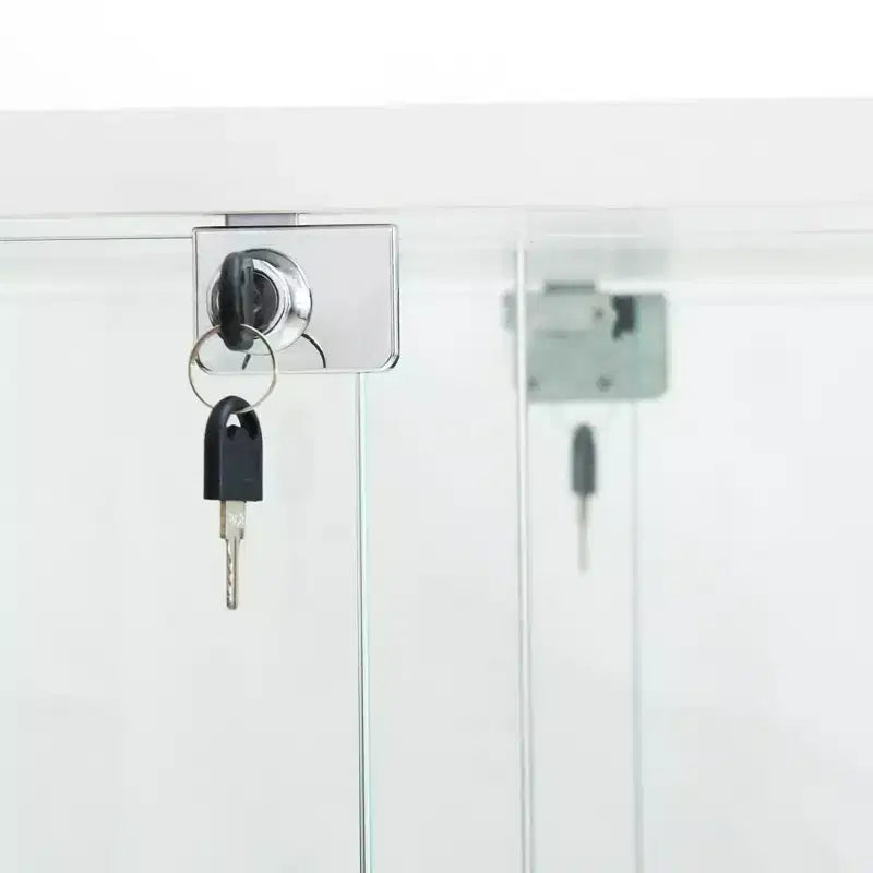 Vitrine en verre trempé/Cave à vin/Meuble de rangement/Classeur avec miroir à bande lumineuse LED et serrure, roulettes pivotantes, 4 étagères, 2 portes