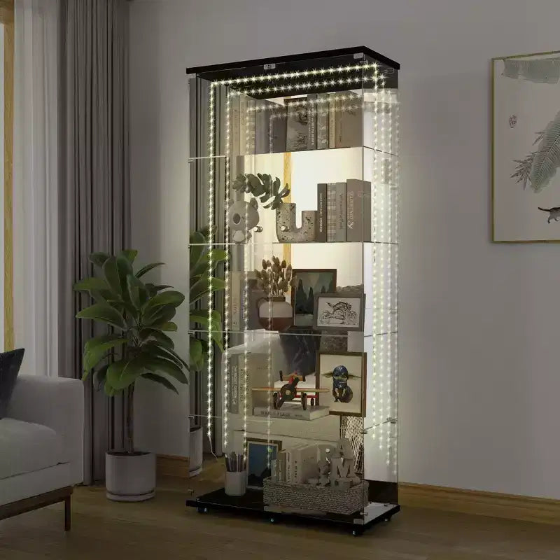 Vitrine en verre trempé/Cave à vin/Meuble de rangement/Classeur avec miroir à bande lumineuse LED et serrure, roulettes pivotantes, 4 étagères, 2 portes