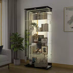 Vitrine en verre trempé/Cave à vin/Meuble de rangement/Classeur avec miroir à bande lumineuse LED et serrure, roulettes pivotantes, 4 étagères, 2 portes