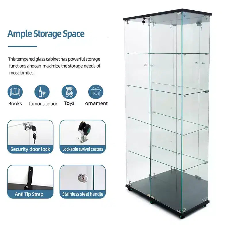 Vitrine en verre trempé/Cave à vin/Meuble de rangement/Classeur avec miroir à bande lumineuse LED et serrure, roulettes pivotantes, 4 étagères, 2 portes