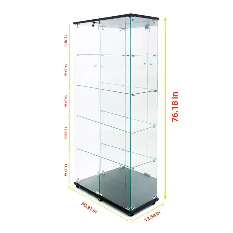 Vitrine en verre trempé/Cave à vin/Meuble de rangement/Classeur avec miroir à bande lumineuse LED et serrure, roulettes pivotantes, 4 étagères, 2 portes