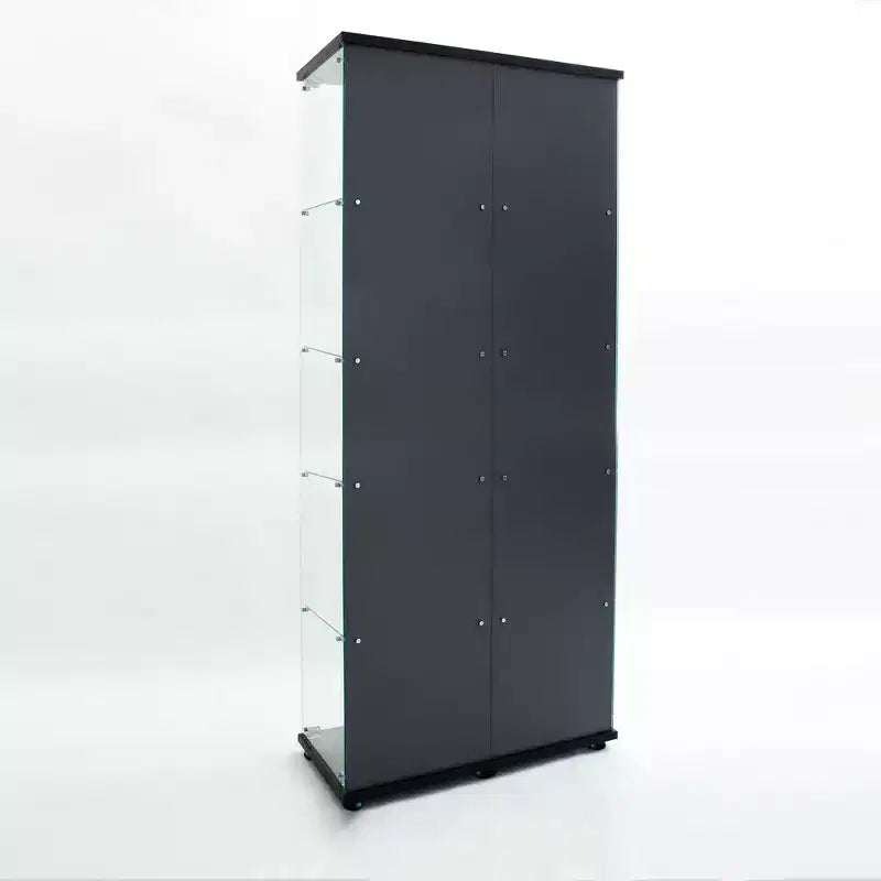 Vitrine en verre trempé/Cave à vin/Meuble de rangement/Classeur avec miroir à bande lumineuse LED et serrure, roulettes pivotantes, 4 étagères, 2 portes