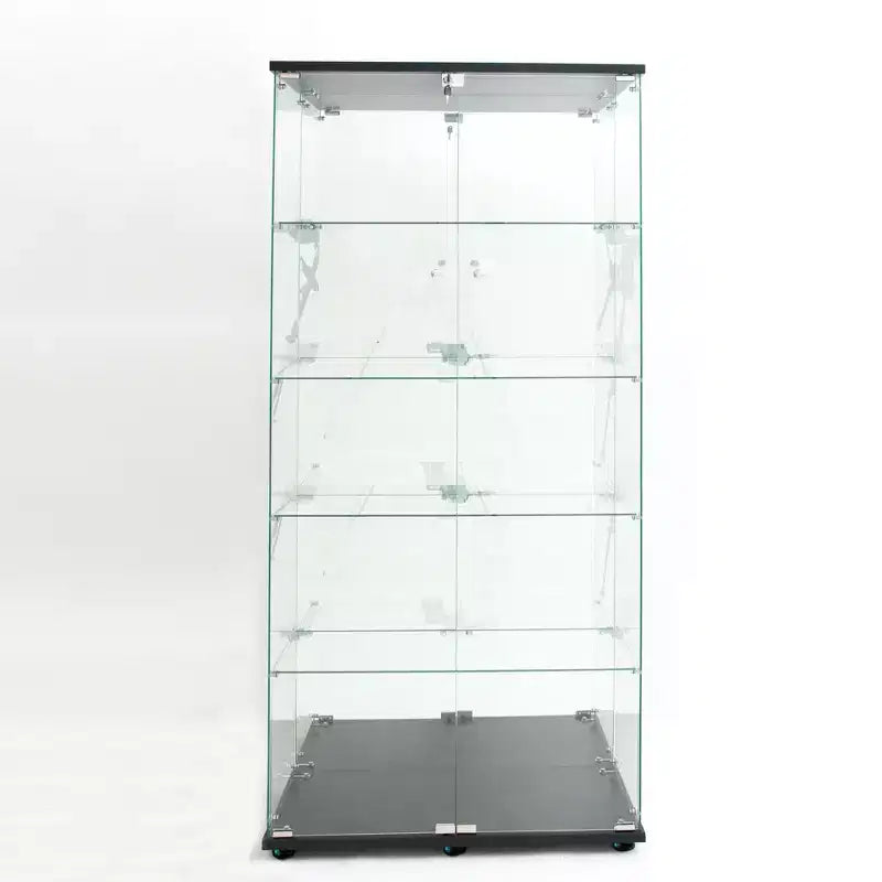 Vitrine en verre trempé/Cave à vin/Meuble de rangement/Classeur avec miroir à bande lumineuse LED et serrure, roulettes pivotantes, 4 étagères, 2 portes