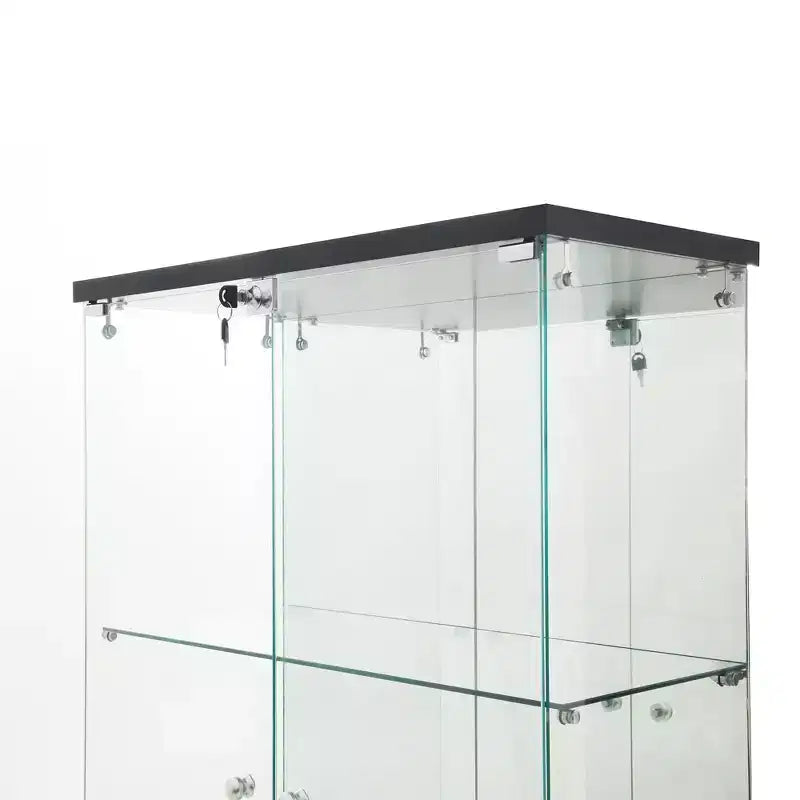 Vitrine en verre trempé/Cave à vin/Meuble de rangement/Classeur avec miroir à bande lumineuse LED et serrure, roulettes pivotantes, 4 étagères, 2 portes