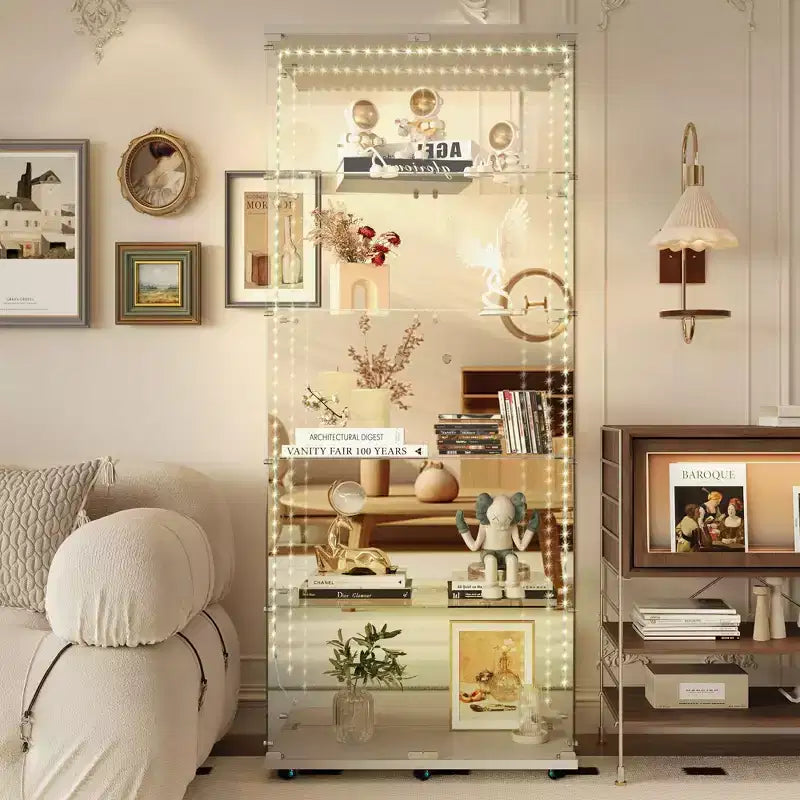 Vitrine en verre trempé/Cave à vin/Meuble de rangement/Classeur avec miroir à bande lumineuse LED et serrure, roulettes pivotantes, 4 étagères, 2 portes