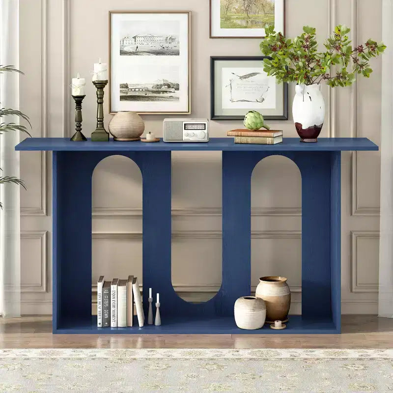 Table console moderne Okak avec étagère inférieure, table d'entrée avec design incurvé et placage de frêne, tables d'entrée pour le couloir, le salon