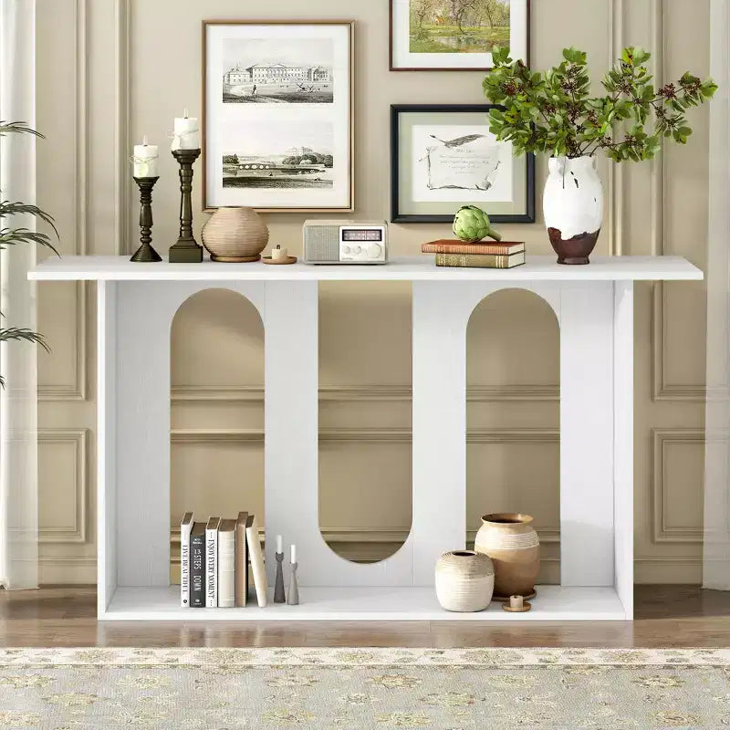 Table console moderne Okak avec étagère inférieure, table d'entrée avec design incurvé et placage de frêne, tables d'entrée pour le couloir, le salon
