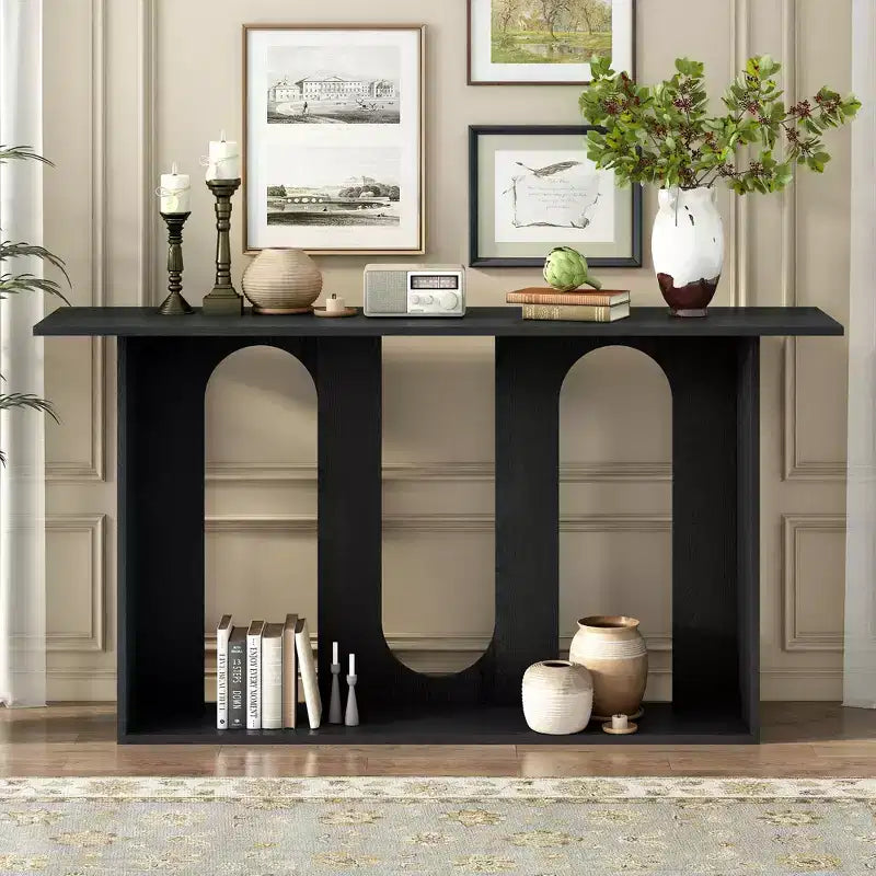 Table console moderne Okak avec étagère inférieure, table d'entrée avec design incurvé et placage de frêne, tables d'entrée pour le couloir, le salon