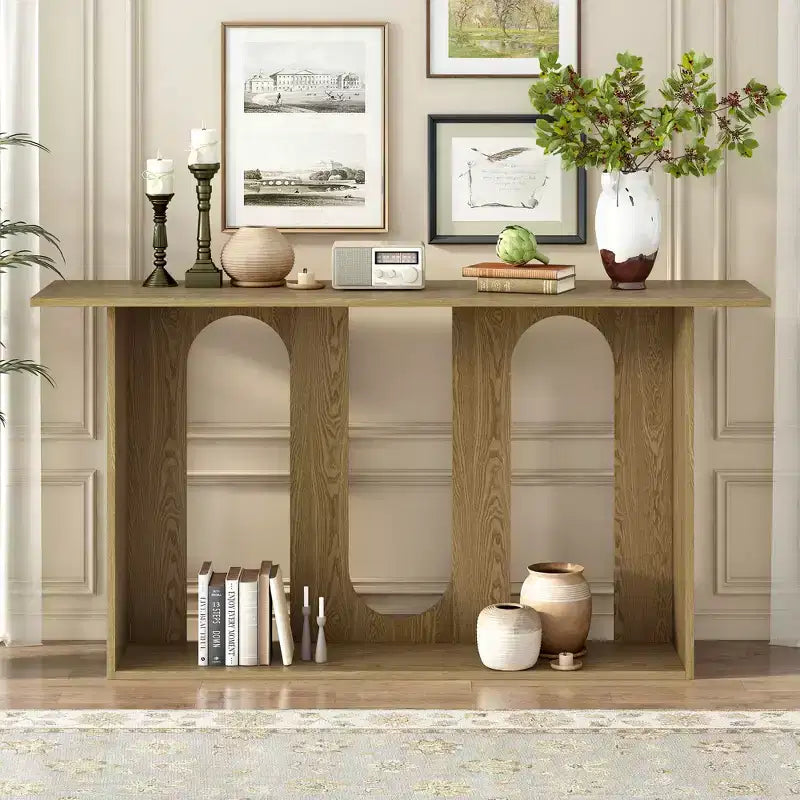 Table console moderne Okak avec étagère inférieure, table d'entrée avec design incurvé et placage de frêne, tables d'entrée pour le couloir, le salon
