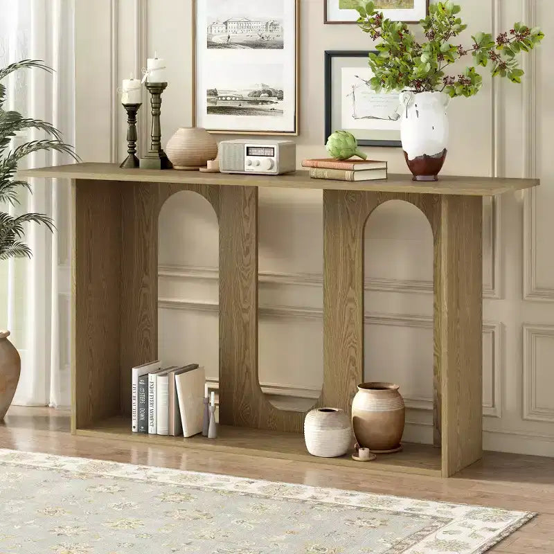 Table console moderne Okak avec étagère inférieure, table d'entrée avec design incurvé et placage de frêne, tables d'entrée pour le couloir, le salon