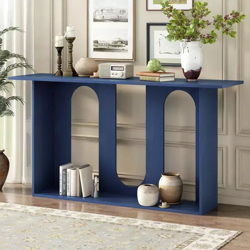 Table console moderne Okak avec étagère inférieure, table d'entrée avec design incurvé et placage de frêne, tables d'entrée pour le couloir, le salon