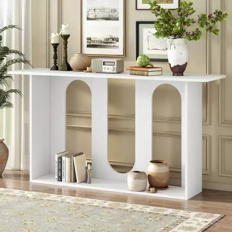 Table console moderne Okak avec étagère inférieure, table d'entrée avec design incurvé et placage de frêne, tables d'entrée pour le couloir, le salon
