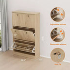 Meuble à chaussures cannelé avec 3 tiroirs basculants, meuble de rangement étroit en bois avec étagères réglables et amovibles, meuble à chaussures fin sur pied.