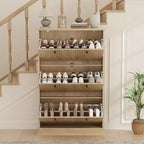 Meuble à chaussures cannelé avec 3 tiroirs basculants, meuble de rangement étroit en bois avec étagères réglables et amovibles, meuble à chaussures fin sur pied.