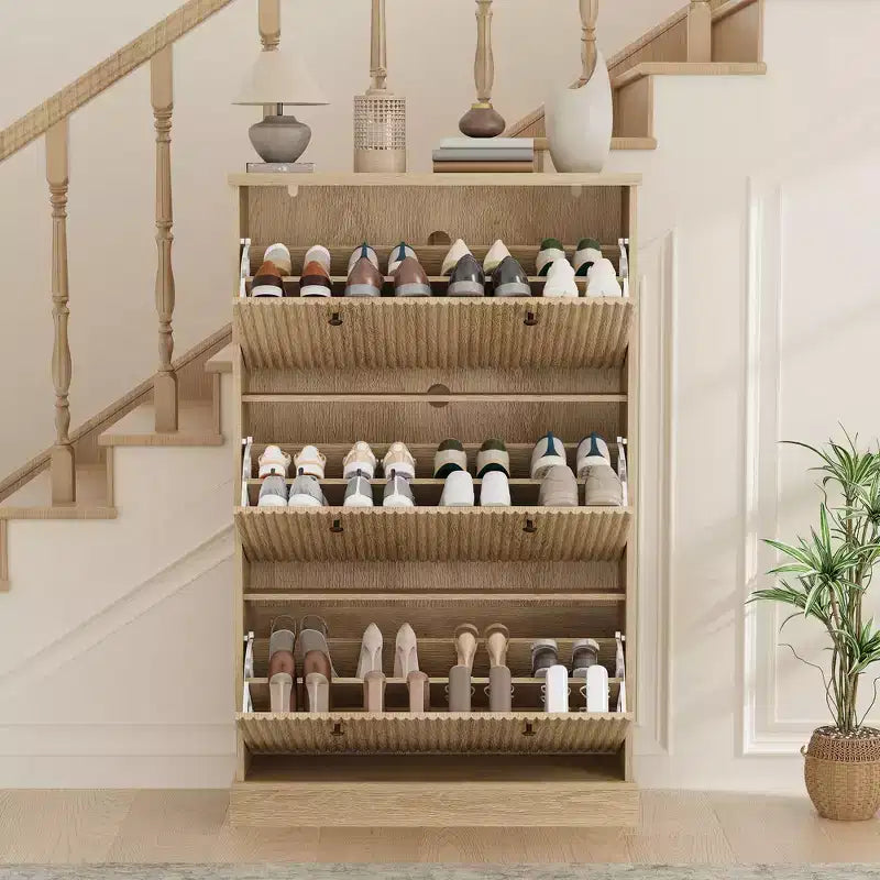 Meuble à chaussures cannelé avec 3 tiroirs basculants, meuble de rangement étroit en bois avec étagères réglables et amovibles, meuble à chaussures fin sur pied.