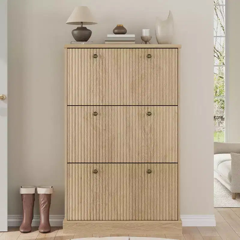 Meuble à chaussures cannelé avec 3 tiroirs basculants, meuble de rangement étroit en bois avec étagères réglables et amovibles, meuble à chaussures fin sur pied.