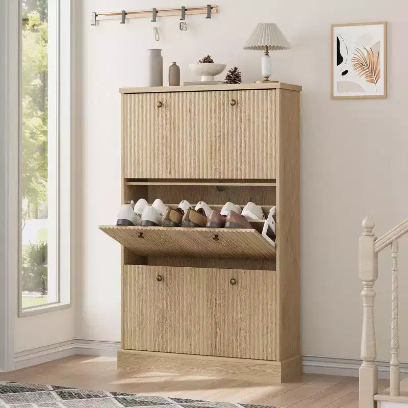 Meuble à chaussures cannelé avec 3 tiroirs basculants, meuble de rangement étroit en bois avec étagères réglables et amovibles, meuble à chaussures fin sur pied.