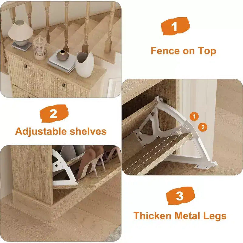 Meuble à chaussures cannelé avec 3 tiroirs basculants, meuble de rangement étroit en bois avec étagères réglables et amovibles, meuble à chaussures fin sur pied.