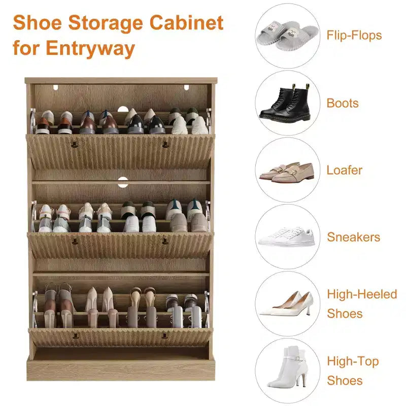 Meuble à chaussures cannelé avec 3 tiroirs basculants, meuble de rangement étroit en bois avec étagères réglables et amovibles, meuble à chaussures fin sur pied.