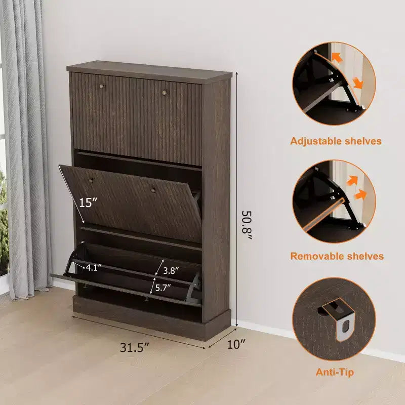 Meuble à chaussures cannelé avec 3 tiroirs basculants, meuble de rangement étroit en bois avec étagères réglables et amovibles, meuble à chaussures fin sur pied.