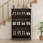 Meuble à chaussures cannelé avec 3 tiroirs basculants, meuble de rangement étroit en bois avec étagères réglables et amovibles, meuble à chaussures fin sur pied.