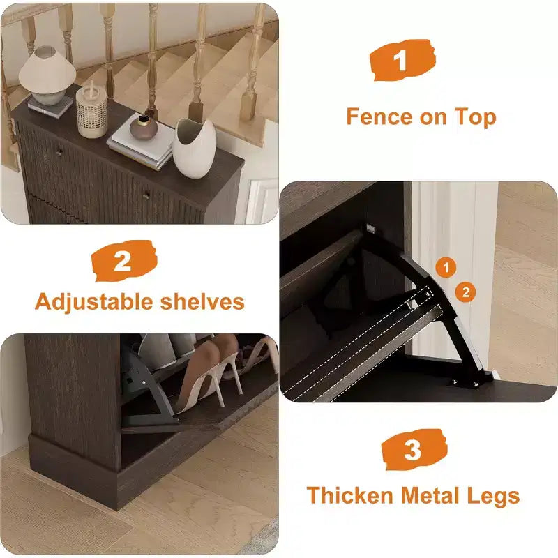 Meuble à chaussures cannelé avec 3 tiroirs basculants, meuble de rangement étroit en bois avec étagères réglables et amovibles, meuble à chaussures fin sur pied.