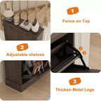 Meuble à chaussures cannelé avec 3 tiroirs basculants, meuble de rangement étroit en bois avec étagères réglables et amovibles, meuble à chaussures fin sur pied.