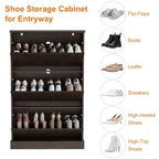 Meuble à chaussures cannelé avec 3 tiroirs basculants, meuble de rangement étroit en bois avec étagères réglables et amovibles, meuble à chaussures fin sur pied.