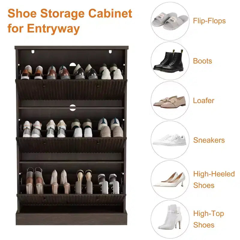Meuble à chaussures cannelé avec 3 tiroirs basculants, meuble de rangement étroit en bois avec étagères réglables et amovibles, meuble à chaussures fin sur pied.