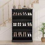 Meuble à chaussures cannelé avec 3 tiroirs basculants, meuble de rangement étroit en bois avec étagères réglables et amovibles, meuble à chaussures fin sur pied.