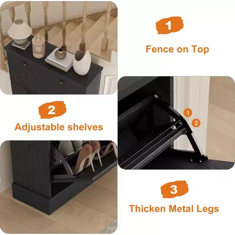 Meuble à chaussures cannelé avec 3 tiroirs basculants, meuble de rangement étroit en bois avec étagères réglables et amovibles, meuble à chaussures fin sur pied.