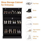 Meuble à chaussures cannelé avec 3 tiroirs basculants, meuble de rangement étroit en bois avec étagères réglables et amovibles, meuble à chaussures fin sur pied.