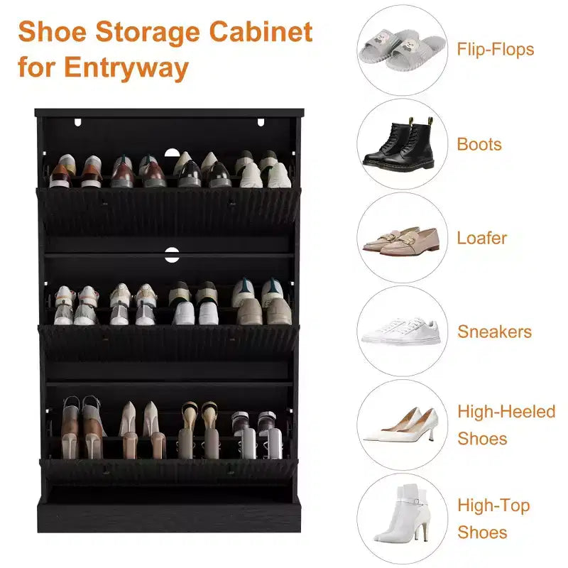 Meuble à chaussures cannelé avec 3 tiroirs basculants, meuble de rangement étroit en bois avec étagères réglables et amovibles, meuble à chaussures fin sur pied.