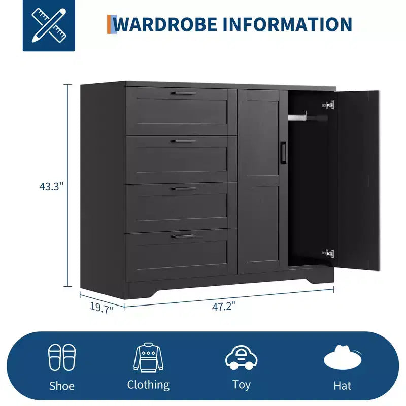 Armoire penderie en bois Acekool avec 2 portes, 4 tiroirs, tringle de suspension, design anti-basculement et poignées métalliques, rangement moderne pour chambre à coucher