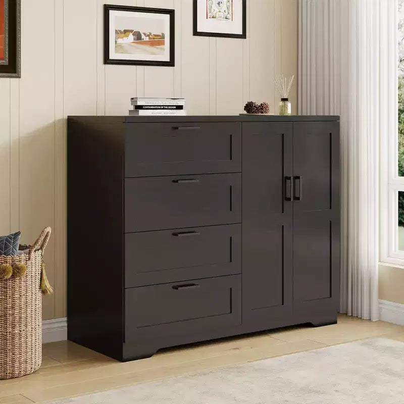 Armoire penderie en bois Acekool avec 2 portes, 4 tiroirs, tringle de suspension, design anti-basculement et poignées métalliques, rangement moderne pour chambre à coucher