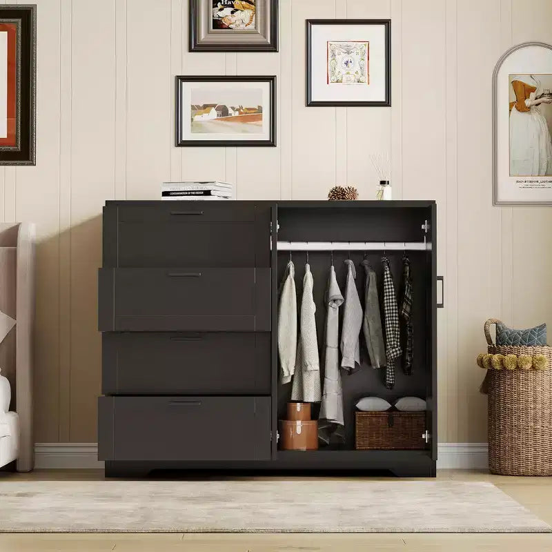 Armoire penderie en bois Acekool avec 2 portes, 4 tiroirs, tringle de suspension, design anti-basculement et poignées métalliques, rangement moderne pour chambre à coucher