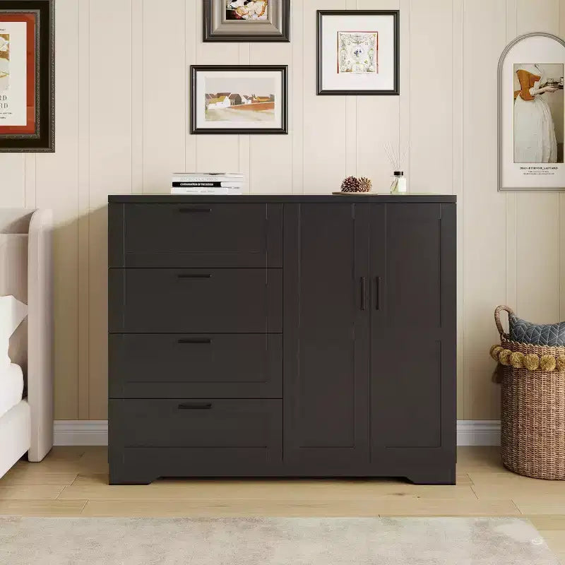 Armoire penderie en bois Acekool avec 2 portes, 4 tiroirs, tringle de suspension, design anti-basculement et poignées métalliques, rangement moderne pour chambre à coucher