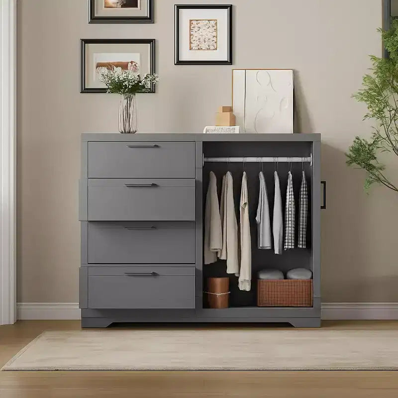 Armoire penderie en bois Acekool avec 2 portes, 4 tiroirs, tringle de suspension, design anti-basculement et poignées métalliques, rangement moderne pour chambre à coucher