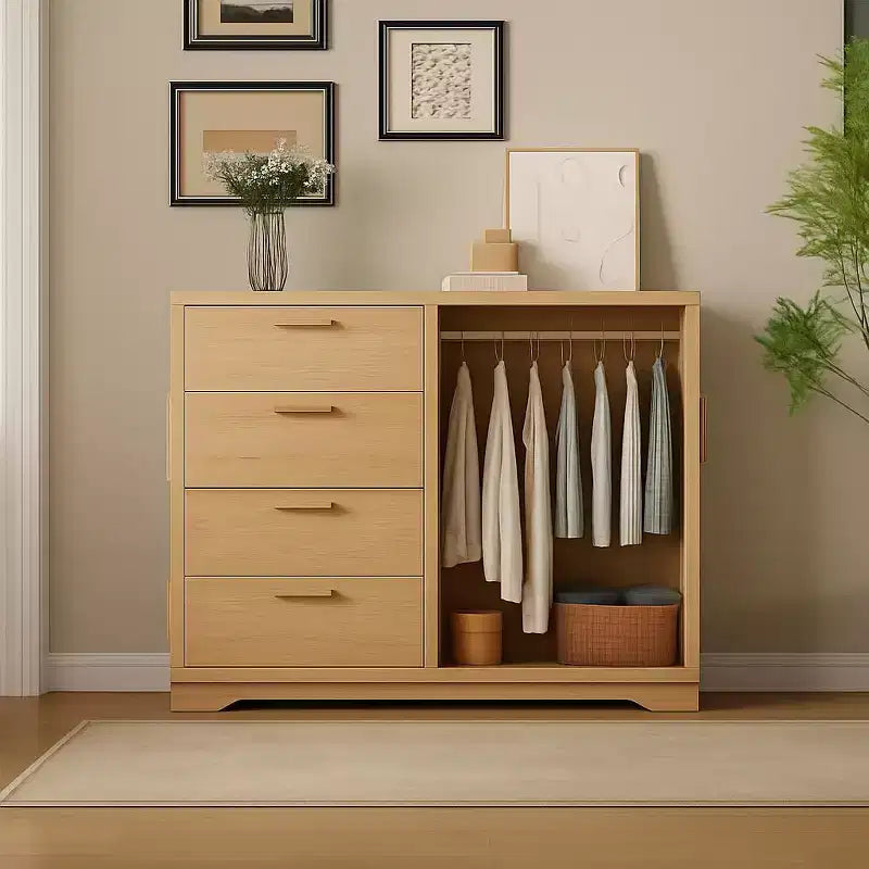 Armoire penderie en bois Acekool avec 2 portes, 4 tiroirs, tringle de suspension, design anti-basculement et poignées métalliques, rangement moderne pour chambre à coucher