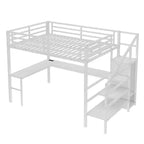 Lit mezzanine en métal Bellemave avec bureau en L, armoire et rangement réglable, ports USB et lumières LED, lit mezzanine haut pour enfants, adolescents et adultes, blanc