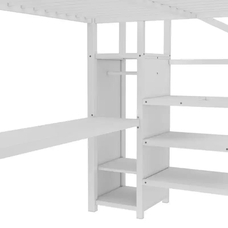 Lit mezzanine en métal Bellemave avec bureau en L, armoire et rangement réglable, ports USB et lumières LED, lit mezzanine haut pour enfants, adolescents et adultes, blanc