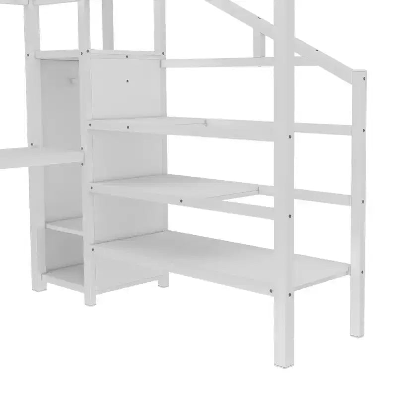 Lit mezzanine en métal Bellemave avec bureau en L, armoire et rangement réglable, ports USB et lumières LED, lit mezzanine haut pour enfants, adolescents et adultes, blanc