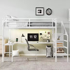 Lit mezzanine en métal Bellemave avec bureau en L, armoire et rangement réglable, ports USB et lumières LED, lit mezzanine haut pour enfants, adolescents et adultes, blanc