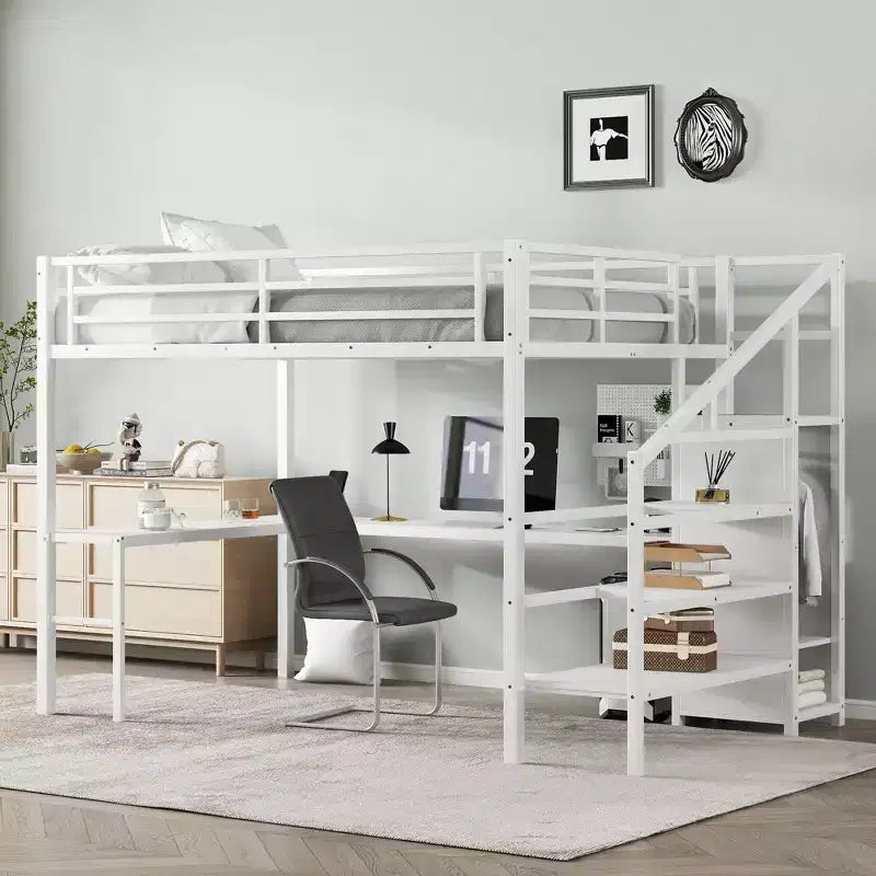 Lit mezzanine en métal Bellemave avec bureau en L, armoire et rangement réglable, ports USB et lumières LED, lit mezzanine haut pour enfants, adolescents et adultes, blanc