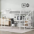 Lit mezzanine en métal Bellemave avec bureau en L, armoire et rangement réglable, ports USB et lumières LED, lit mezzanine haut pour enfants, adolescents et adultes, blanc