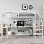 Lit mezzanine en métal Bellemave avec bureau en L, armoire et rangement réglable, ports USB et lumières LED, lit mezzanine haut pour enfants, adolescents et adultes, blanc