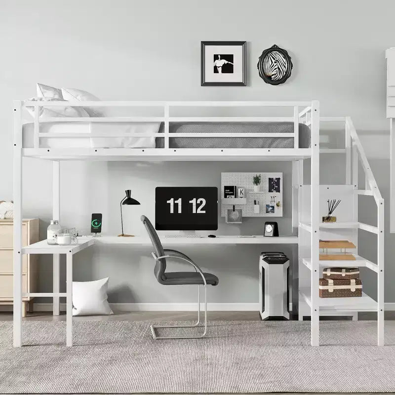 Lit mezzanine en métal Bellemave avec bureau en L, armoire et rangement réglable, ports USB et lumières LED, lit mezzanine haut pour enfants, adolescents et adultes, blanc