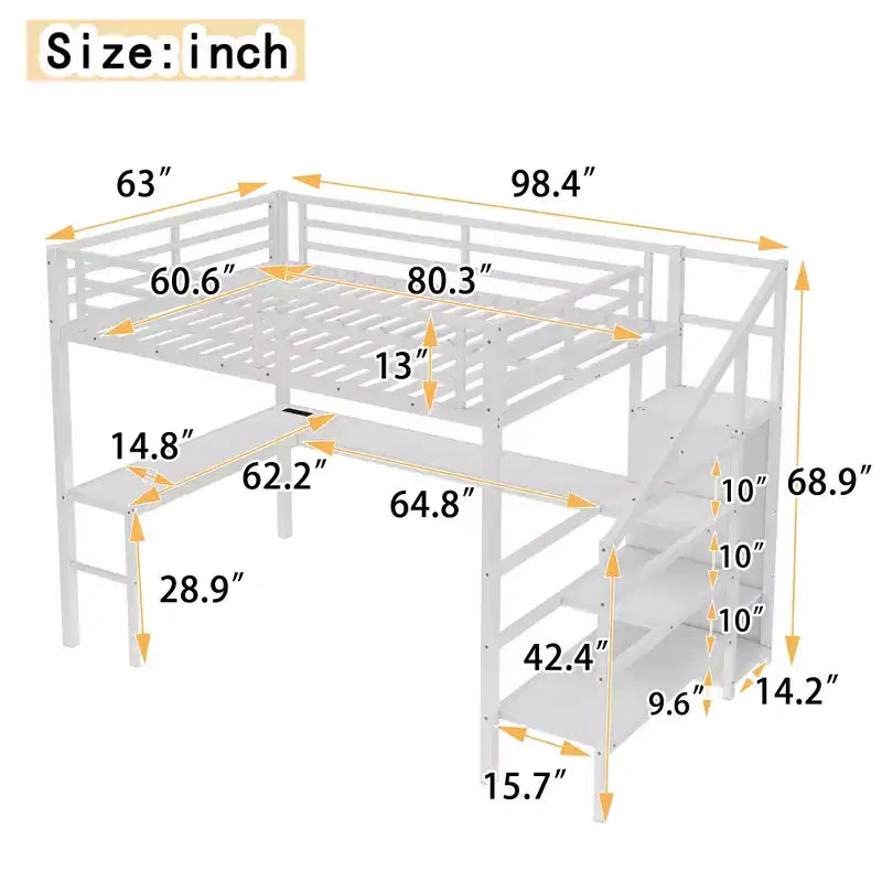 Lit mezzanine en métal Bellemave avec bureau en L, armoire et rangement réglable, ports USB et lumières LED, lit mezzanine haut pour enfants, adolescents et adultes, blanc