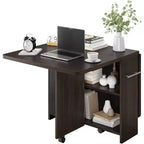 FULVARI Multipurpose Folding Table w/ Wheels, 2 Storage Shelves, Cubby, Handle,For Dining Room, Office , Living Room